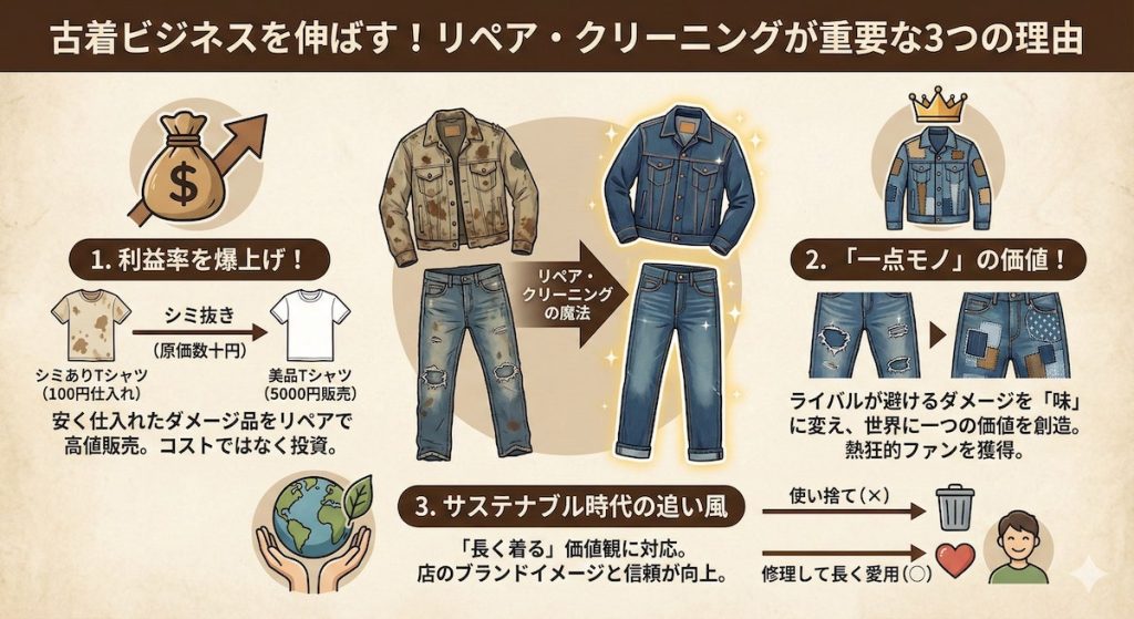 古着ビジネスを伸ばす！リペア・クリーニングが重要な3つの理由