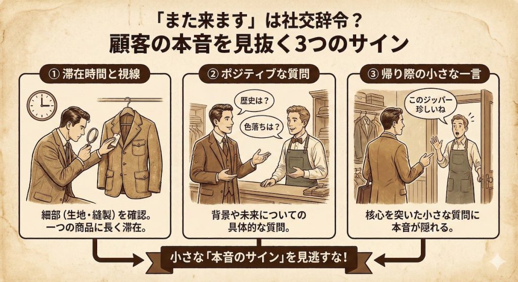 なぜ「また来ます」は社交辞令なのか？顧客の本音を見抜く3つのサインを図示した画像